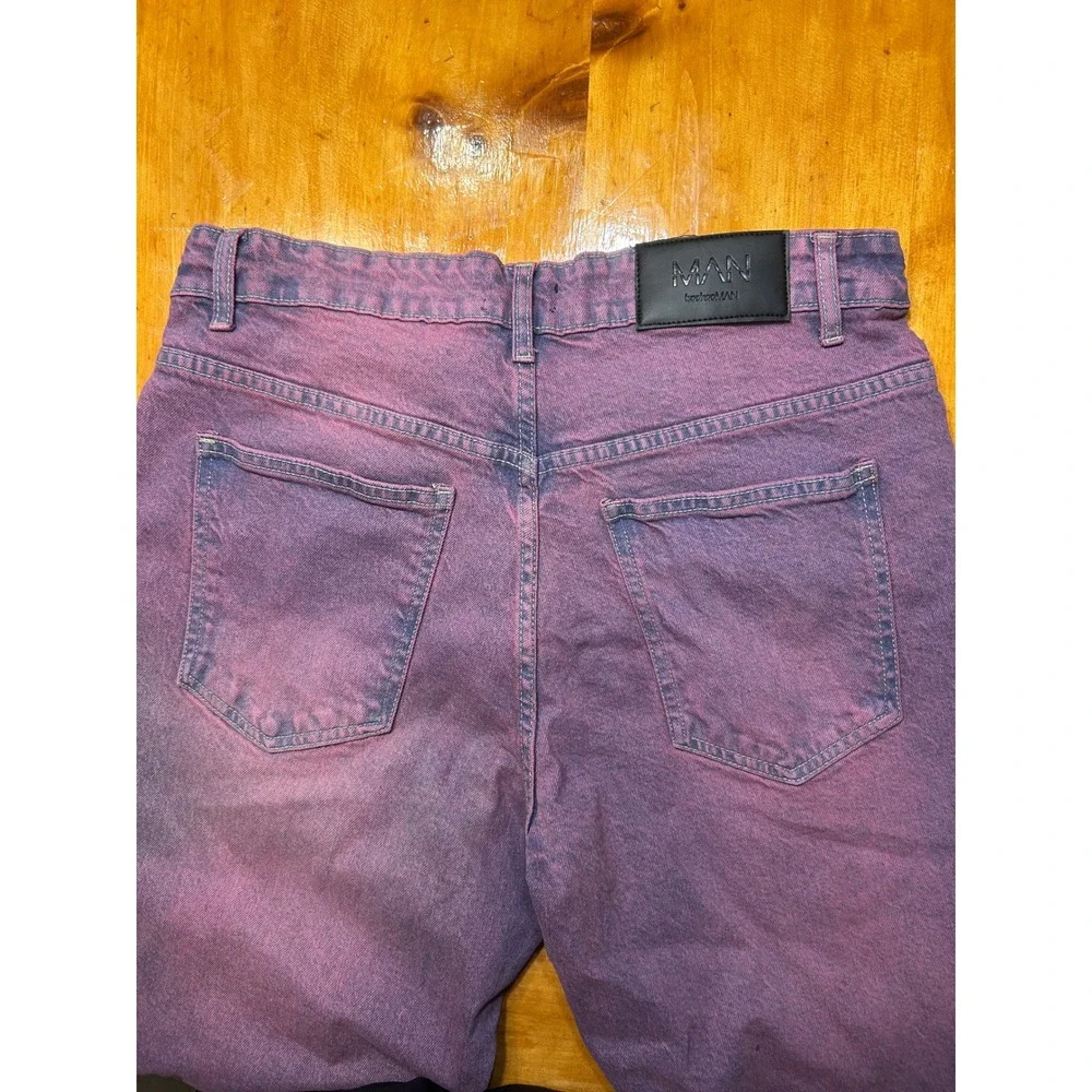 boohooMAN Mens Y2K‎ Grunge Relaxed Rigid Tinted Jeans Pink Purple Ripped Knee